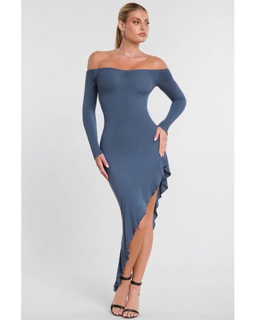 Oh Polly Blue Long Sleeve Off-The-Shoulder Modal Cashmere Blend Maxi Dress