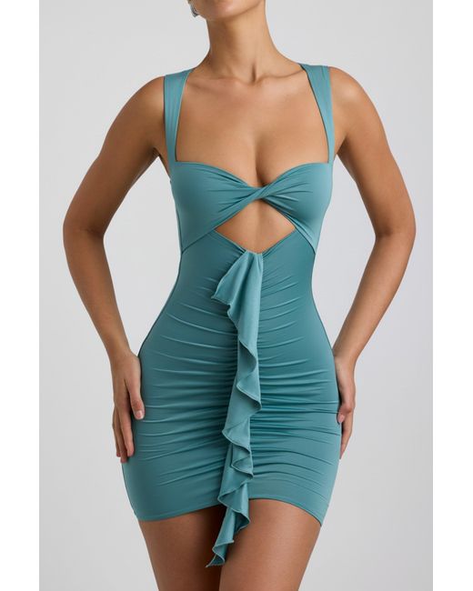 Oh Polly Green Slinky Jersey Cut-Out Ruffle-Trim Mini Dress