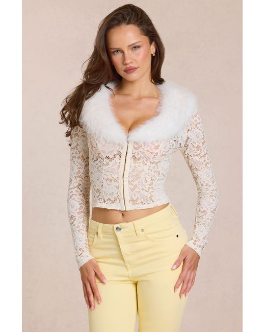 Oh Polly White Lace Faux-Fur-Trim Cardigan