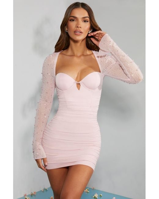 Oh Polly Pink Embellished Long Sleeve Mini Dress