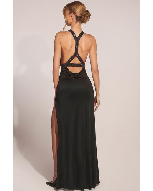 Oh Polly Black Cowl-Neck Thigh-High Gown