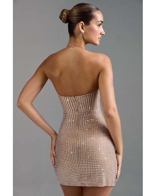 Oh Polly Natural Embellished Halterneck A-Line Mini Dress