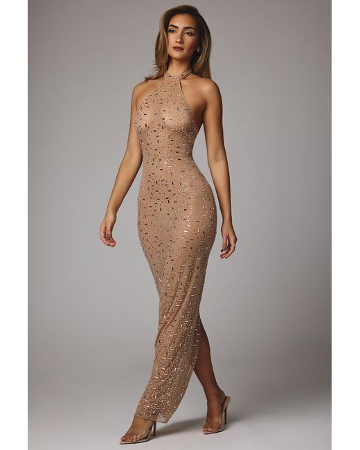 Oh Polly Natural Sheer Embellished High Neck Evening Gown