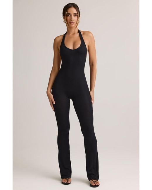 Oh Polly Black Modal Ribbed Backless Halterneck Jumpsuit
