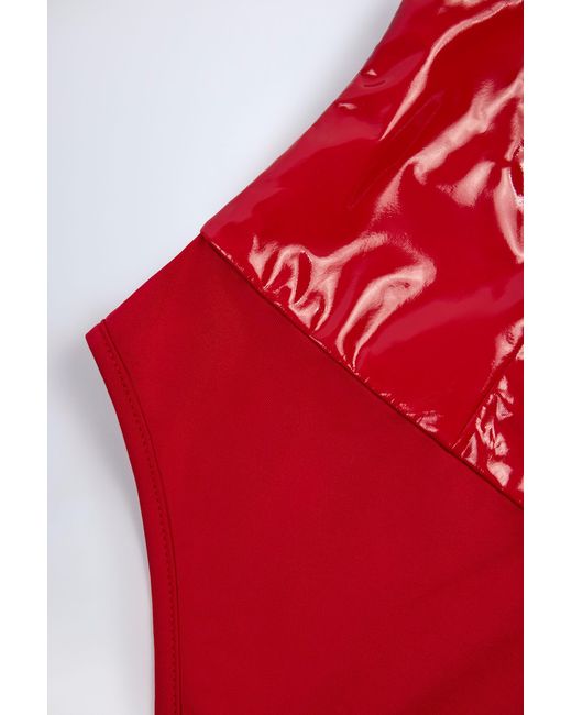 Oh Polly Red Glossy Vinyl Plunge-Neck Bodysuit