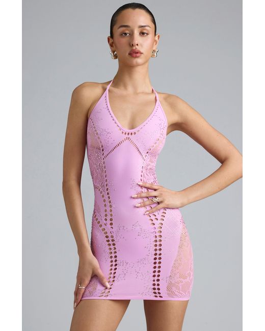 Oh Polly Pink Embellished Halterneck Mini Dress