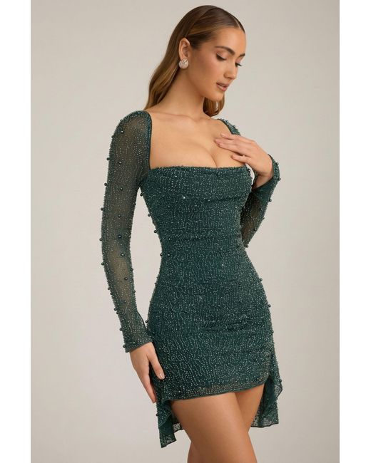 Oh Polly Green Embellished Cowl-Neck Draped Mini Dress