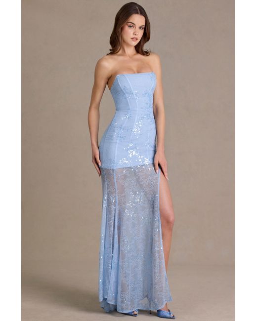 Oh Polly Blue Embellished Lace Corset Gown