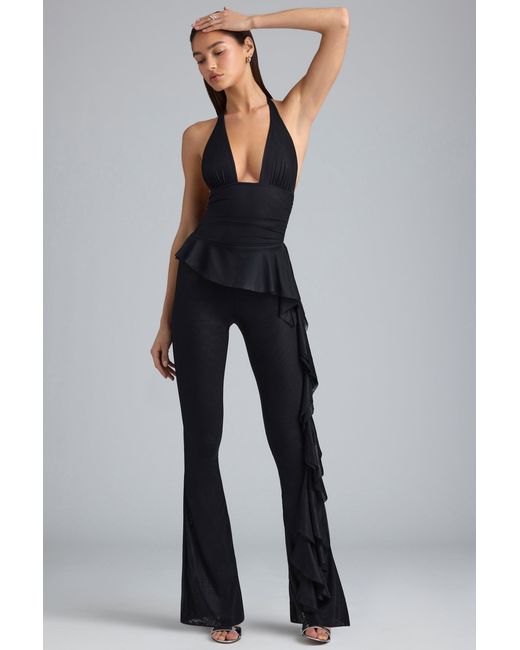 Oh Polly Black Metallic Ruffle Low-Rise Flared Trousers