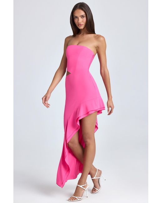 Oh Polly Pink Bandeau Cut-Out Ruffle-Trim Maxi Dress