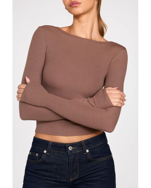 Oh Polly Brown Ribbed Modal Ruched Long-Sleeve Top