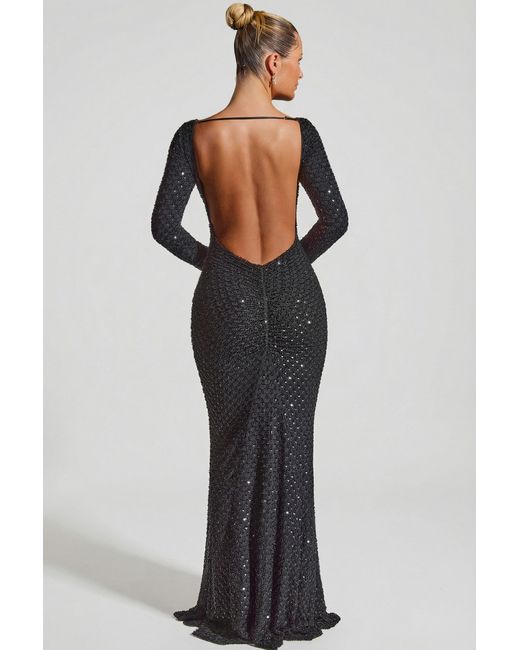 Oh Polly Black Embellished Open-Back Gown