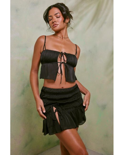 Oh Polly Black Shirred Thigh High Split Mid Rise Mini Skirt