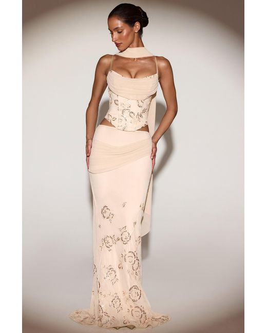 Oh Polly Metallic Embellished Draped Mid-Rise Maxi Skirt