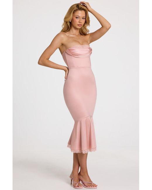 Oh Polly Pink Satin Lace-Trim Bandeau Fluted Midaxi Dress