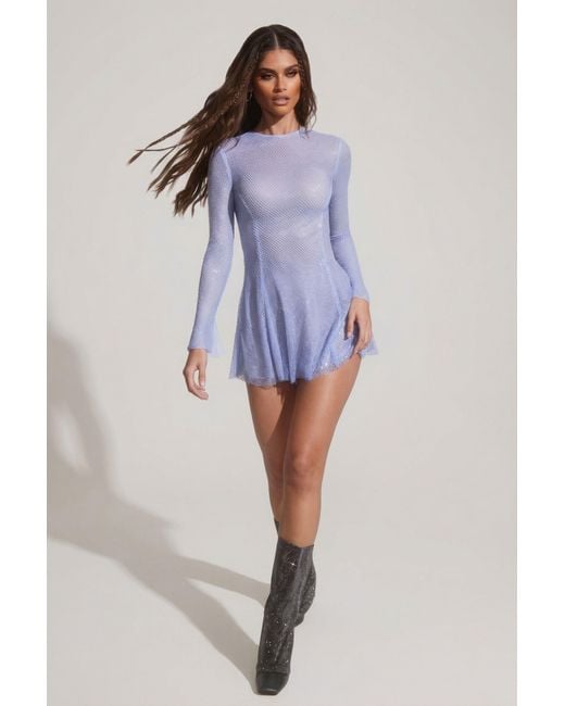 Oh Polly Blue Embellished Long Sleeve Backless Mini Dress
