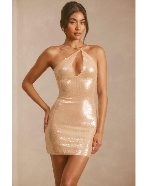 Oh Polly Natural Sheer Sequin Asymmetric Cut Out Mini Dress