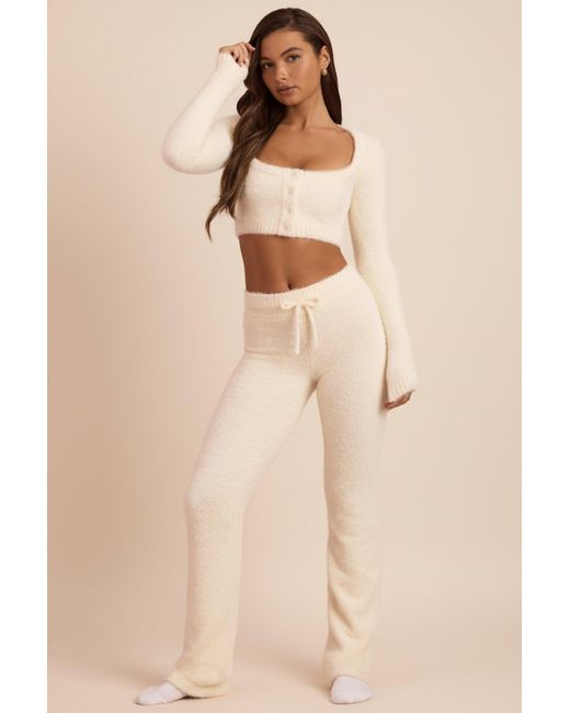 Oh Polly White Fluffy Knit Wide-Leg Trousers