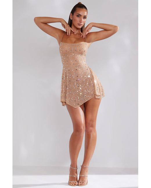 Oh Polly Natural Sheer Embellished Scoop Neck Mini Dress