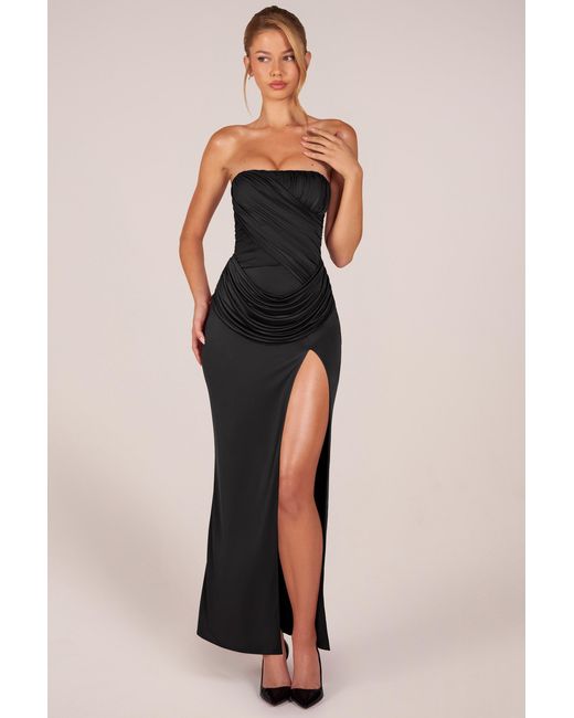 Oh Polly Black Bandeau Draped Thigh-High Maxi Dress