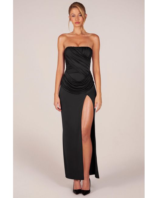 Oh Polly Black Bandeau Draped Thigh-High Maxi Dress