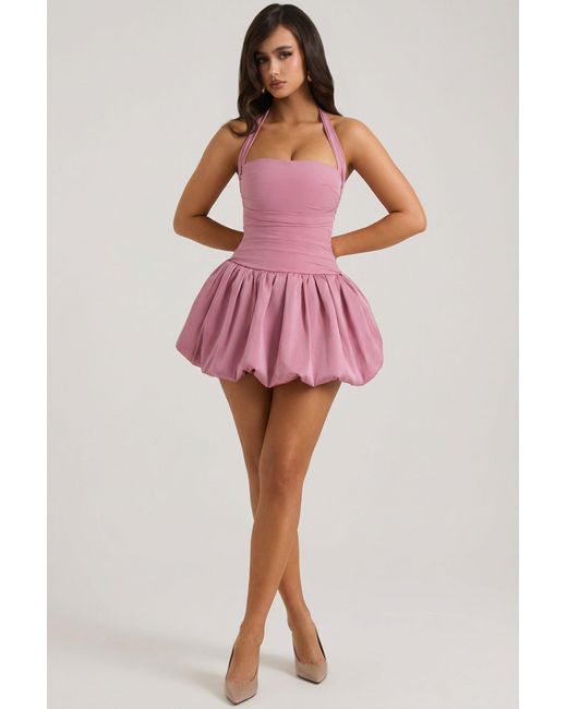 Oh Polly Pink Halterneck Lace-Up Bubble Hem Corset Micro Mini Dress