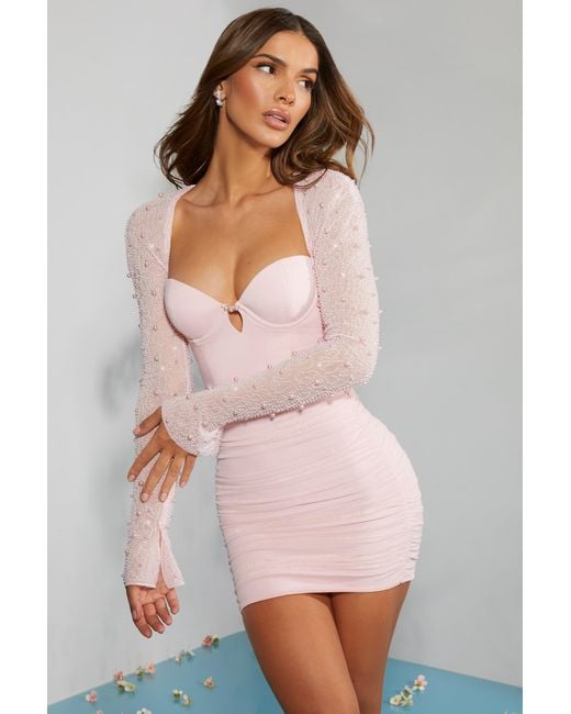 Oh Polly Pink Embellished Long Sleeve Mini Dress