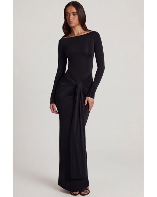 Oh Polly Black Soft Jersey Boat-Neck Tie-Gather Maxi Dress