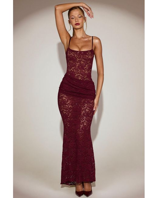 Oh Polly Red Sheer Lace Square-Neck Ruched Gown