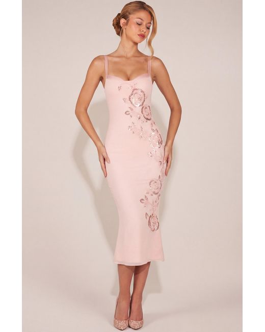 Oh Polly Pink Embellished Peekaboo Fluted-Hem Midaxi Dress