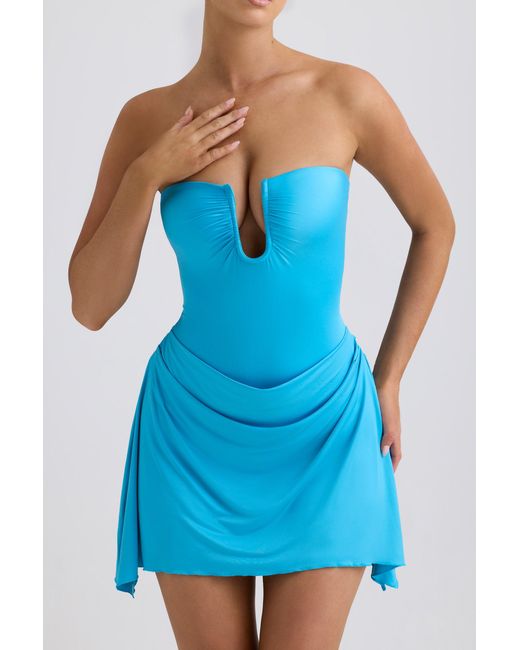 Oh Polly Blue Slinky Jersey Draped A-Line Mini Dress