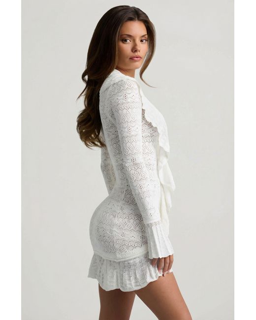 Oh Polly White Ruffle-Trim Pointelle-Knit Mini Dress