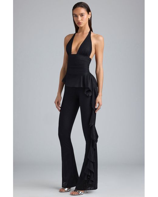 Women's Black Metallic Ruffle Low-Rise Flared Trousers