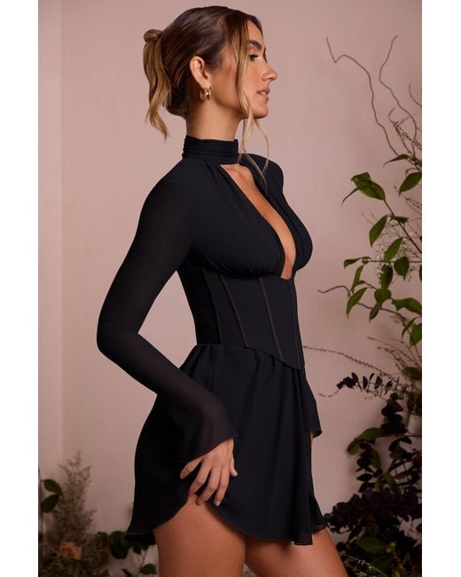 Oh Polly Black Long Sleeve Plunge Neck Mini Dress