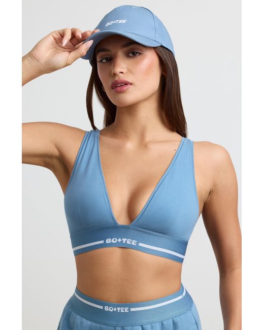 BO+TEE Blue Stretch Cotton Jersey Plunge-Neck Crop Top
