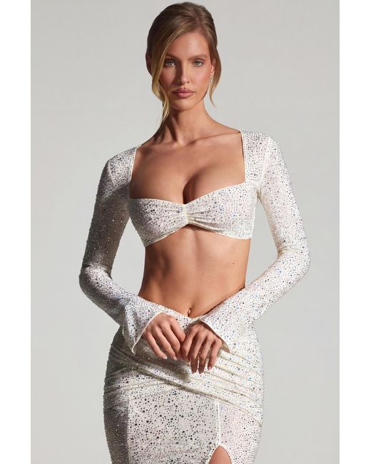 Oh Polly White Embellished Long-Sleeve Crop Top