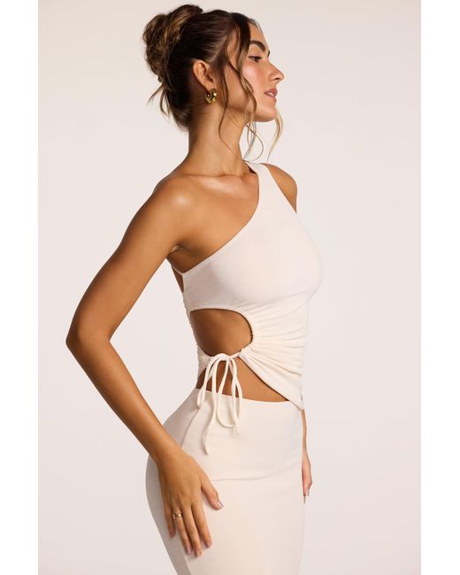 Oh Polly White Textured Jersey Ruched Cut-Out One Shoulder Top