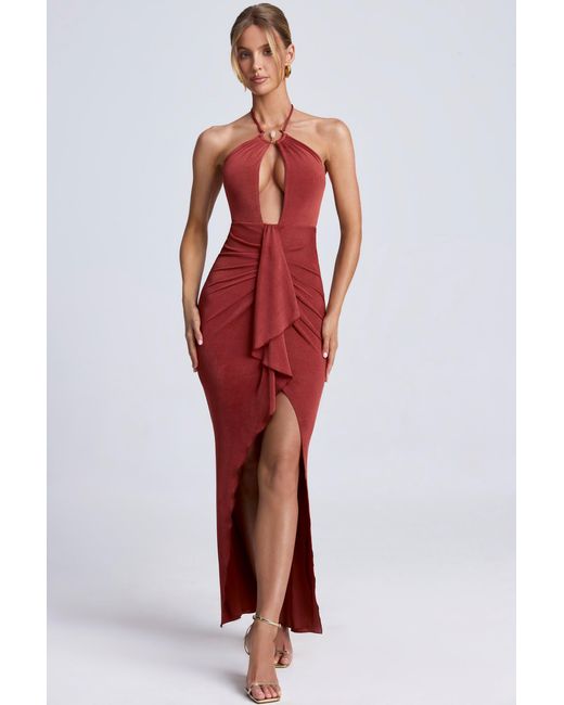 Oh Polly Brown Hardware Detail Cut-Out Halterneck Maxi Dress