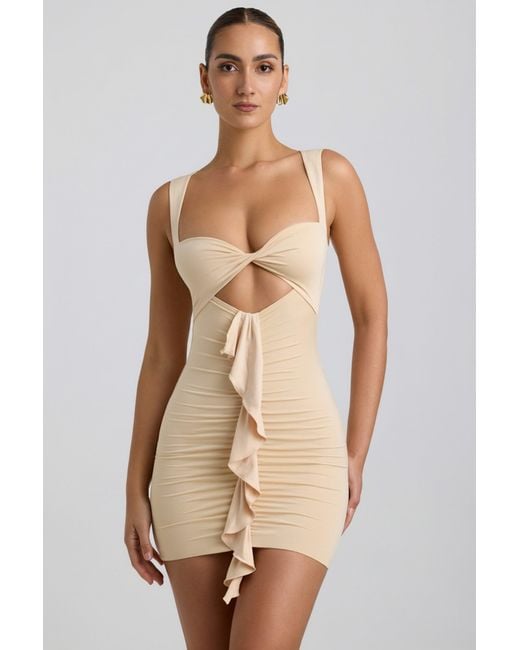 Oh Polly White Slinky Jersey Cut-Out Ruffle-Trim Mini Dress
