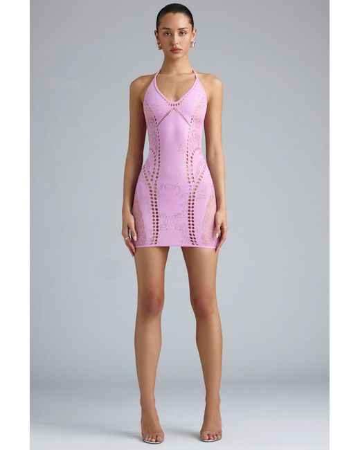 Oh Polly Pink Embellished Halterneck Mini Dress