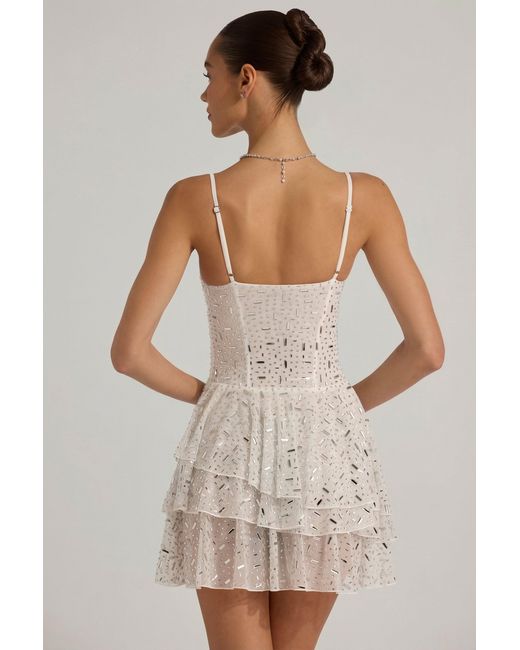 Oh Polly White Embellished Ruffled Tiered Mini Dress
