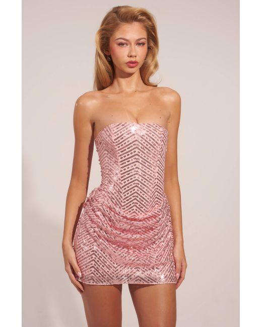Oh Polly Pink Embellished Draped Strapless A-Line Mini Dress
