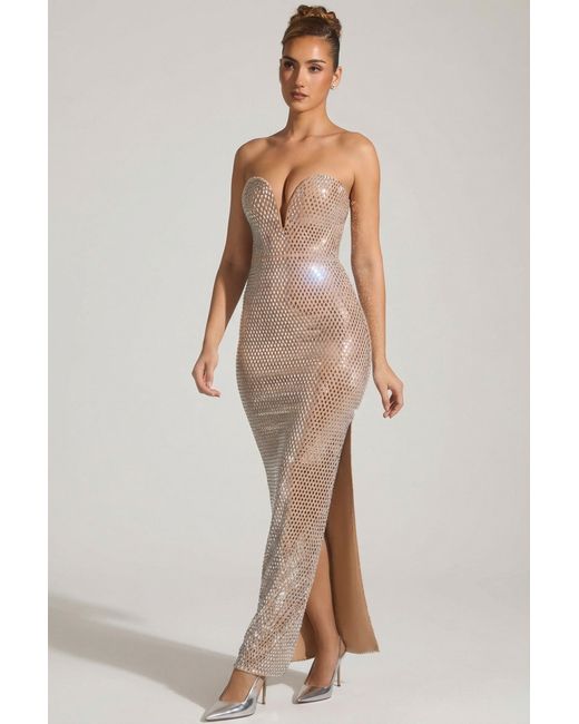 Oh Polly Natural Embellished Strapless Plunge Gown