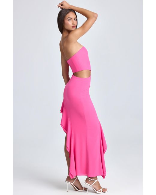 Oh Polly Pink Bandeau Cut-Out Ruffle-Trim Maxi Dress