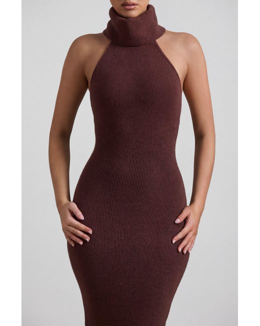 Oh Polly Brown Ribbed-Knit Turtleneck Backless Maxi Dress