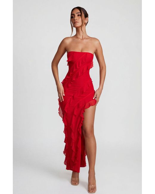Oh Polly Red Bandeau Ruffle Detail Maxi Dress