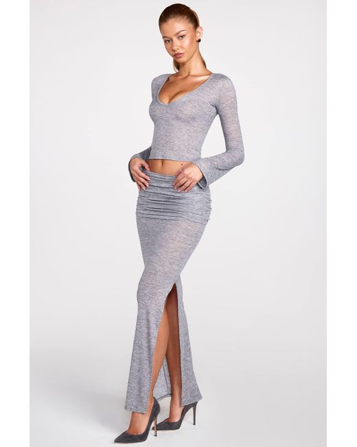 Oh Polly Gray Sheer Jersey Low-Rise Draped Maxi Skirt