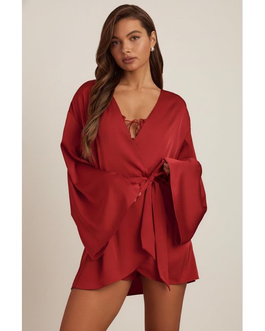 Oh Polly Red Embellished Loose-Fit Wrap-Over Robe