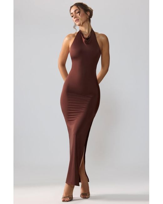Oh Polly Brown Jersey Cowl Neck Backless Maxi Dress