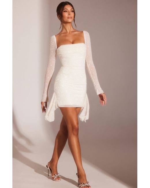 Oh Polly White Long Sleeve Embellished Cowl Neck Mini Dress